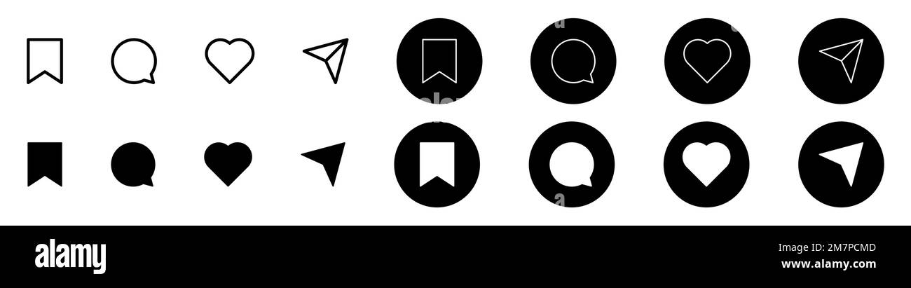Salva, commenta, mi piace e condividi il set di icone. Da utilizzare per app web e mobile. Illustrazione Vettoriale