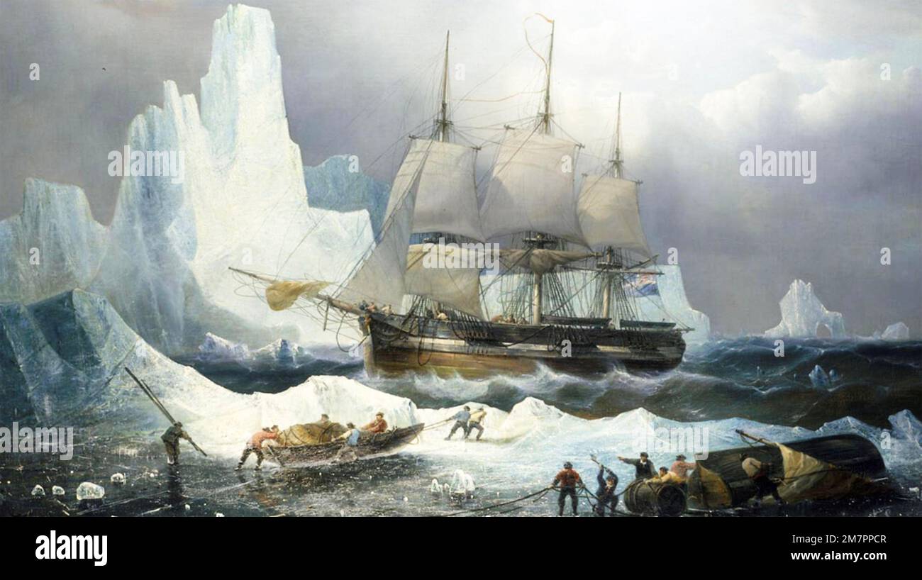 HMS EREBUS intrappolato nel ghiaccio nel 1846 durante la terza spedizione Franklin per trovare un passaggio Northwest. Painting by Francesco Musin circa 1850 Foto Stock