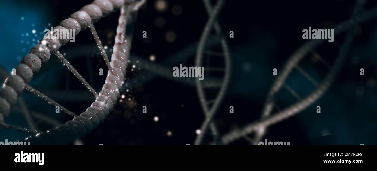 Strutture a spirale di molecole di DNA sfondo scuro. Concetto di biologia, scienza e tecnologia medica. Illustrazione 3D Foto Stock