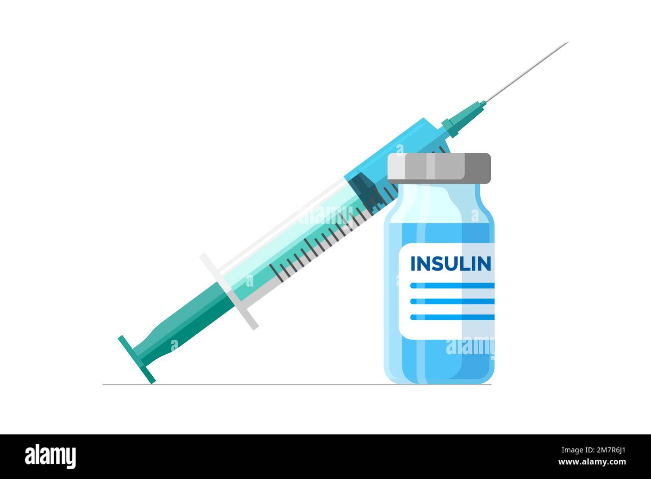 Fiala di insulina con siringa per iniezione. Concetto di controllo del diabete. Colpo medico per i pazienti diabetici. Flacone di medicinale per le persone con alto livello di zucchero nel sangue Illustrazione Vettoriale