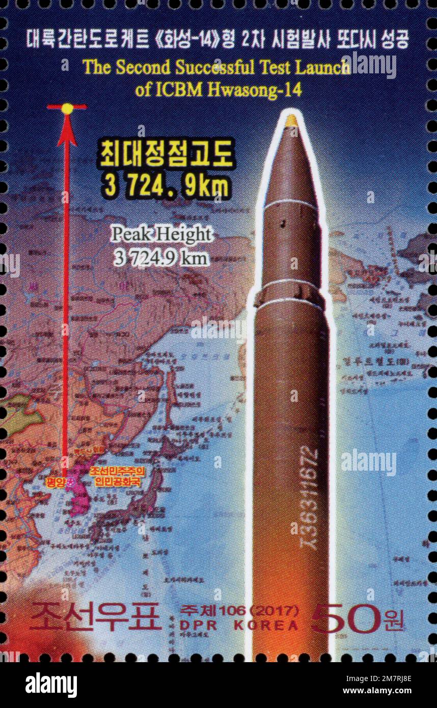 2017 timbro della Corea del Nord. Il secondo test di successo lanciato da ICBM Hwasong-14. ICBM Hwasong-14 Foto Stock