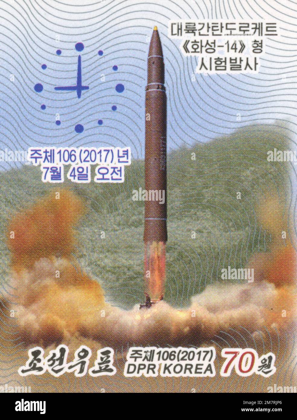 2017 timbro della Corea del Nord. 2017 lancio del test ICBM Hwasong-14 ICBM Foto Stock