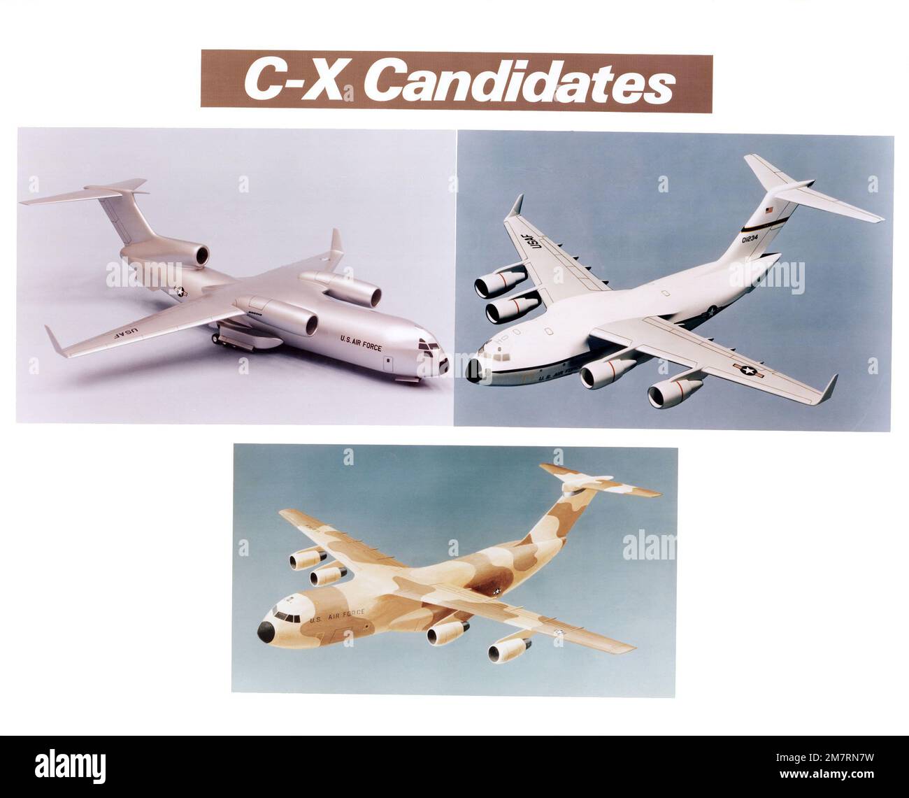 Le proposte di tre costruttori di aerei statunitensi per l'aereo Air Force Cargo Experimental (CX) sono: Boeing (in alto a sinistra), McDonnell-Douglas (in alto a destra) e Lockheed. Paese: Sconosciuto Foto Stock