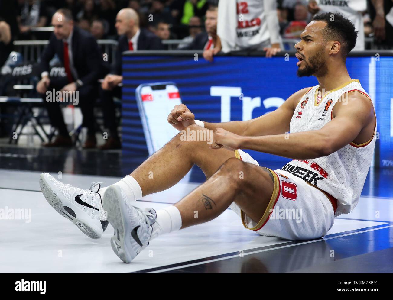 Belgrado, Serbia, 5 gennaio 2023. Elie Okobo di AS Monaco reagisce durante la partita Eurolega di Turkish Airlines del 2022/2023 tra Partizan Mozzart Bet Belgrado e AS Monaco alla Stark Arena di Belgrado, in Serbia. Gennaio 5, 2023. Credito: Nikola Krstic/Alamy Foto Stock