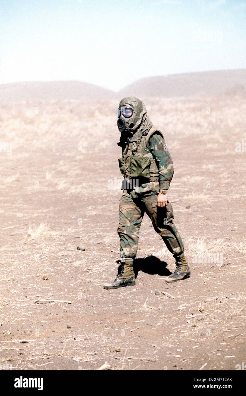 Un Marine vestito con mimetizzazione, una giacca flack e un cappuccio di maschera di protezione M-17A1, cammina attraverso il terreno polveroso. Fa parte di Kilo BTRY., 1st BN., 12th Marines. Il battaglione sta procedendo alla valutazione della preparazione al combattimento presso l'area di addestramento di Pakalula. Stato: Hawaii (HI) Paese: Stati Uniti d'America (USA) Foto Stock