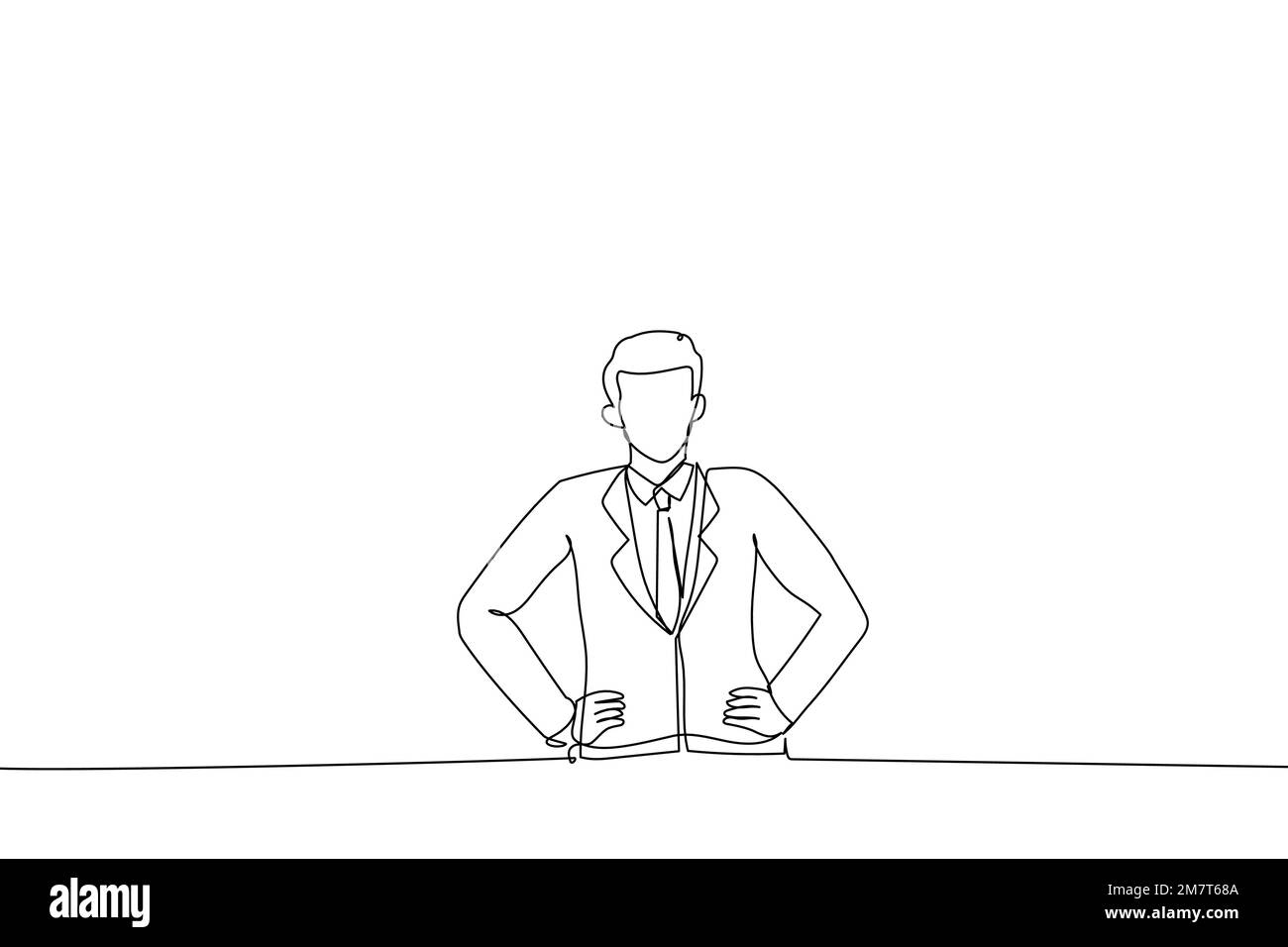 Illustrazione dell'uomo d'affari in occhiali che guardano soddisfatti, sorridenti e che tengono le mani sulla vita, in piedi. Stile artistico a una linea Illustrazione Vettoriale