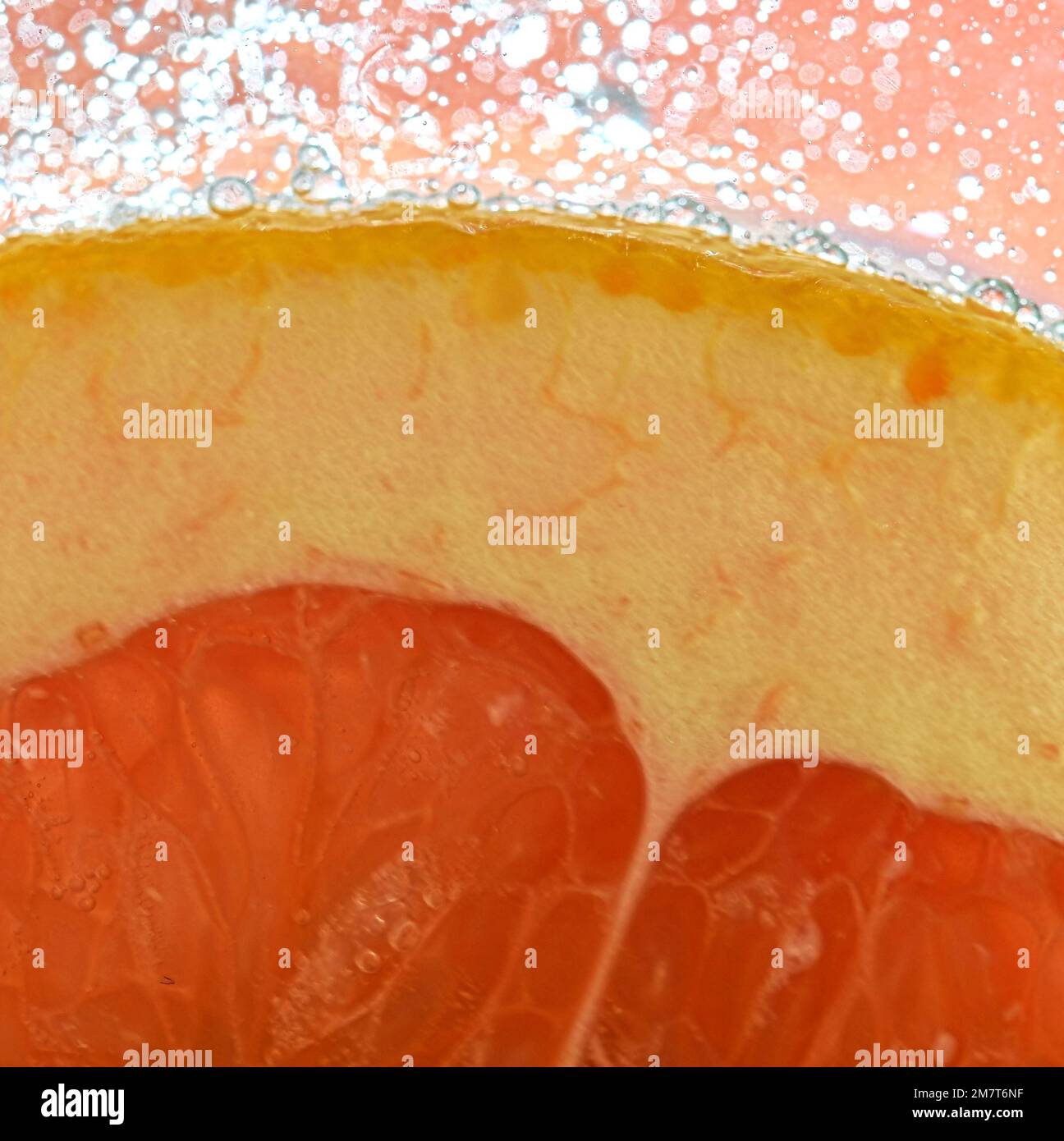 Vista ravvicinata della fetta di pompelmo rosso su sfondo acqua. Consistenza della bevanda rinfrescante alla frutta con macrofolle sulla parete di vetro. Design piatto. Foto Stock
