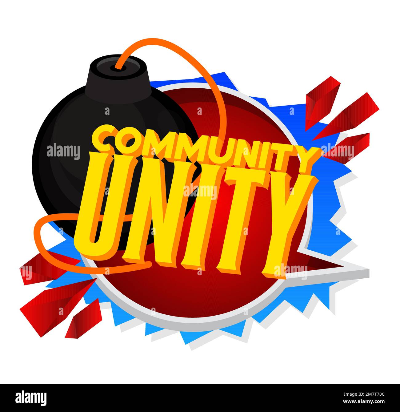 Comunità Unity testo con bomba nera. Illuminazione vettoriale cartone animato. Illustrazione Vettoriale