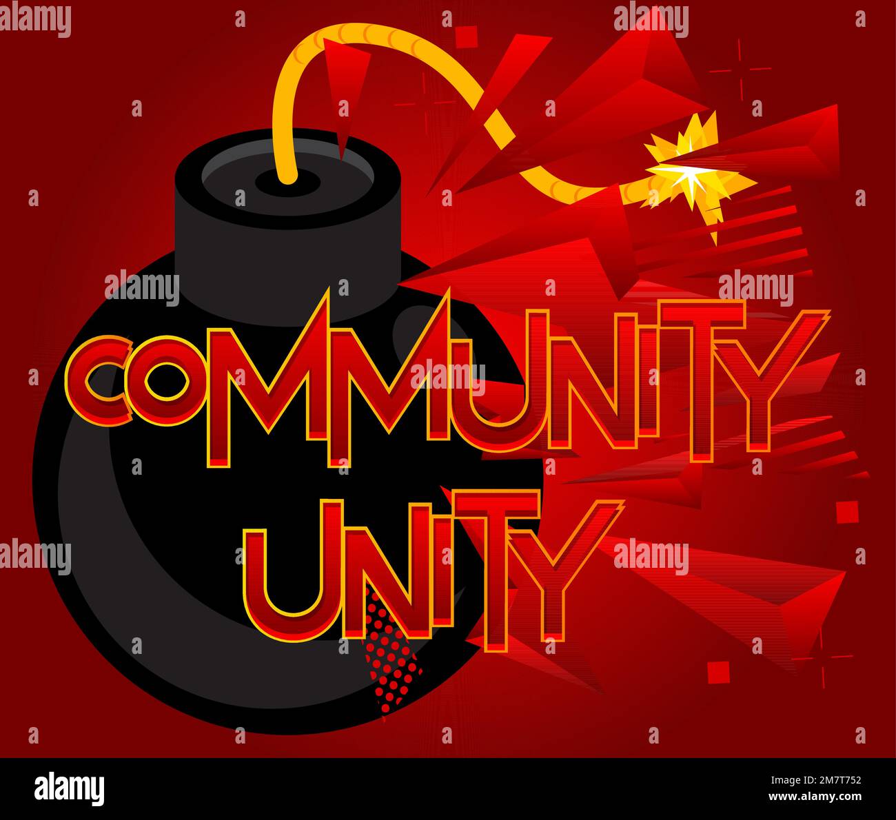 Comunità Unity testo con bomba nera. Illuminazione vettoriale cartone animato. Illustrazione Vettoriale