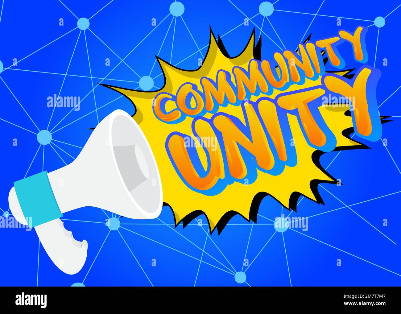 Comunità Unity testo con cartoon Megaphone. Illustrazione dell'annuncio vettoriale. Illustrazione Vettoriale
