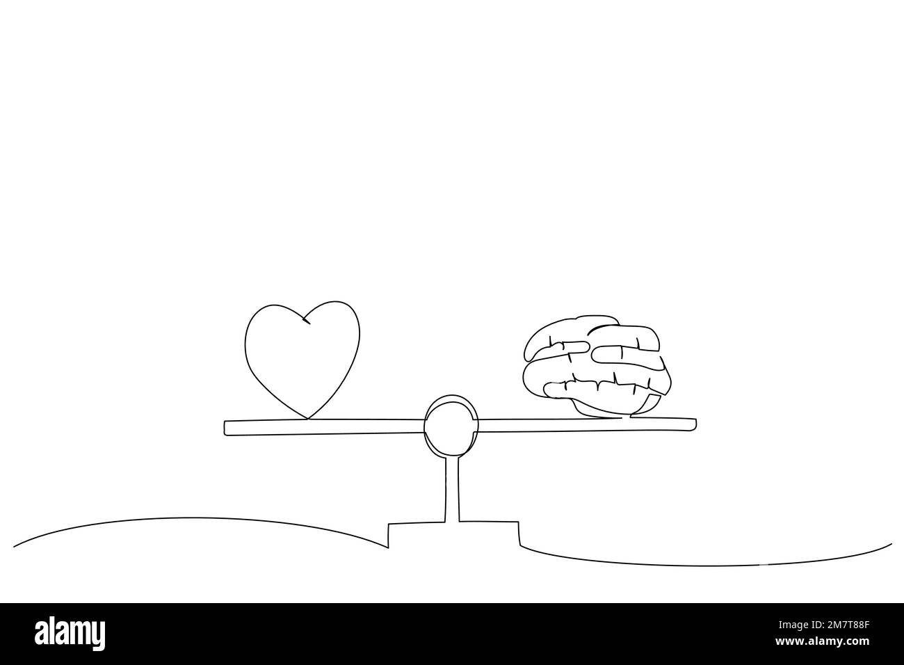 Disegno del cervello e del cuore su una scala di equilibrio. ART a linea continua singola Illustrazione Vettoriale