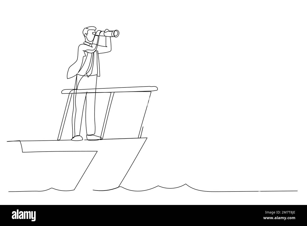 Cartoon di un uomo d'affari intelligente capitano di controllo volante timone con visione telescopica. Leadership aziendale e lungimirante per il successo dell'azienda Illustrazione Vettoriale