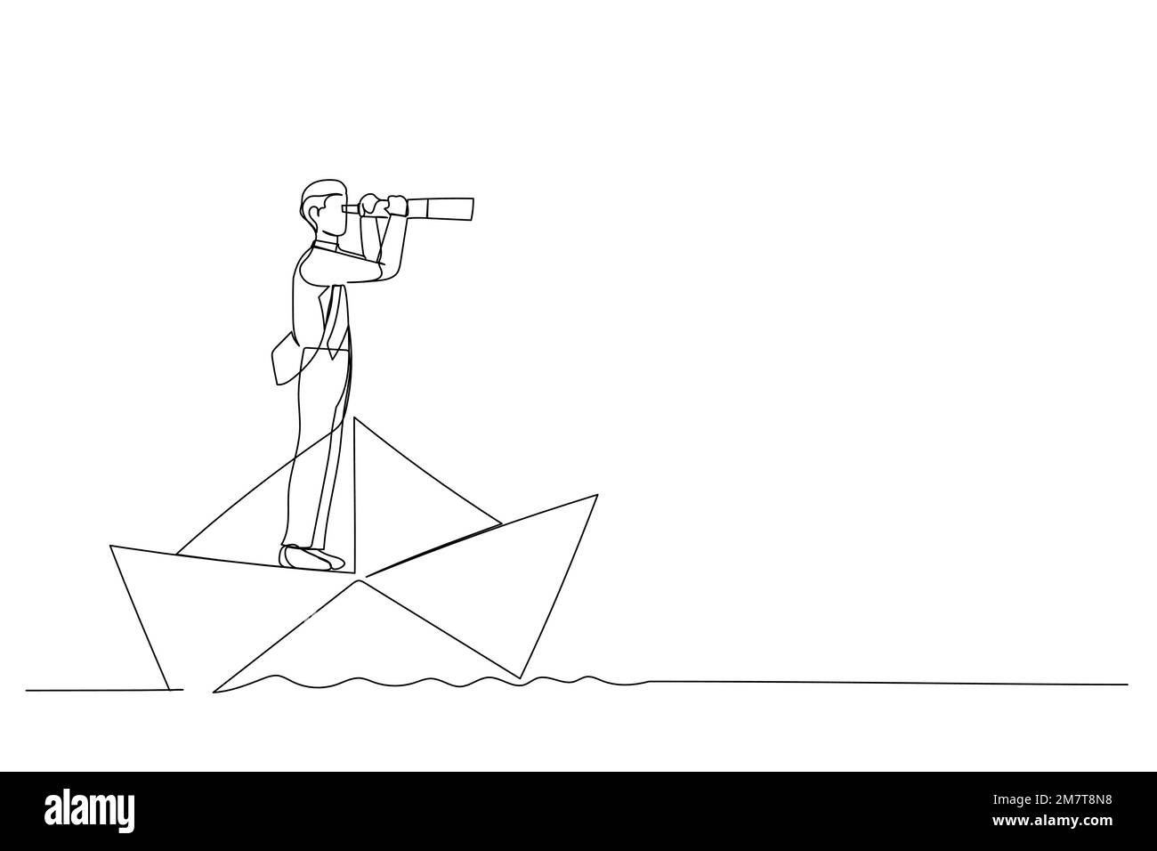 L'illustrazione dell'uomo d'affari guarda attraverso un telescopio in piedi sul vettore di barca di carta, illustrazione di concetto di affari. Uno stile artistico a linea continua Illustrazione Vettoriale