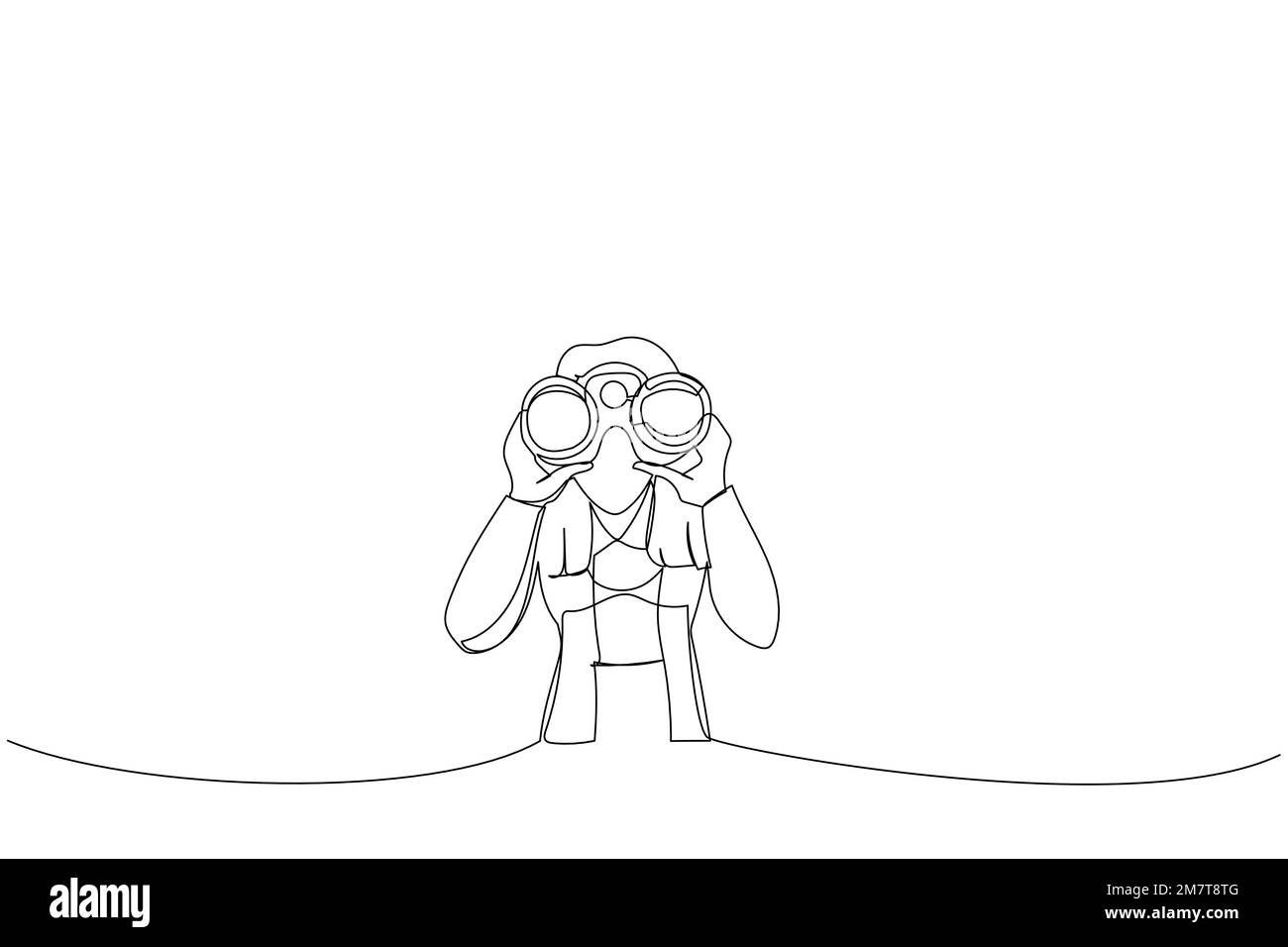 Disegno di una giovane donna con binocolo. Stile artistico a linea singola Illustrazione Vettoriale