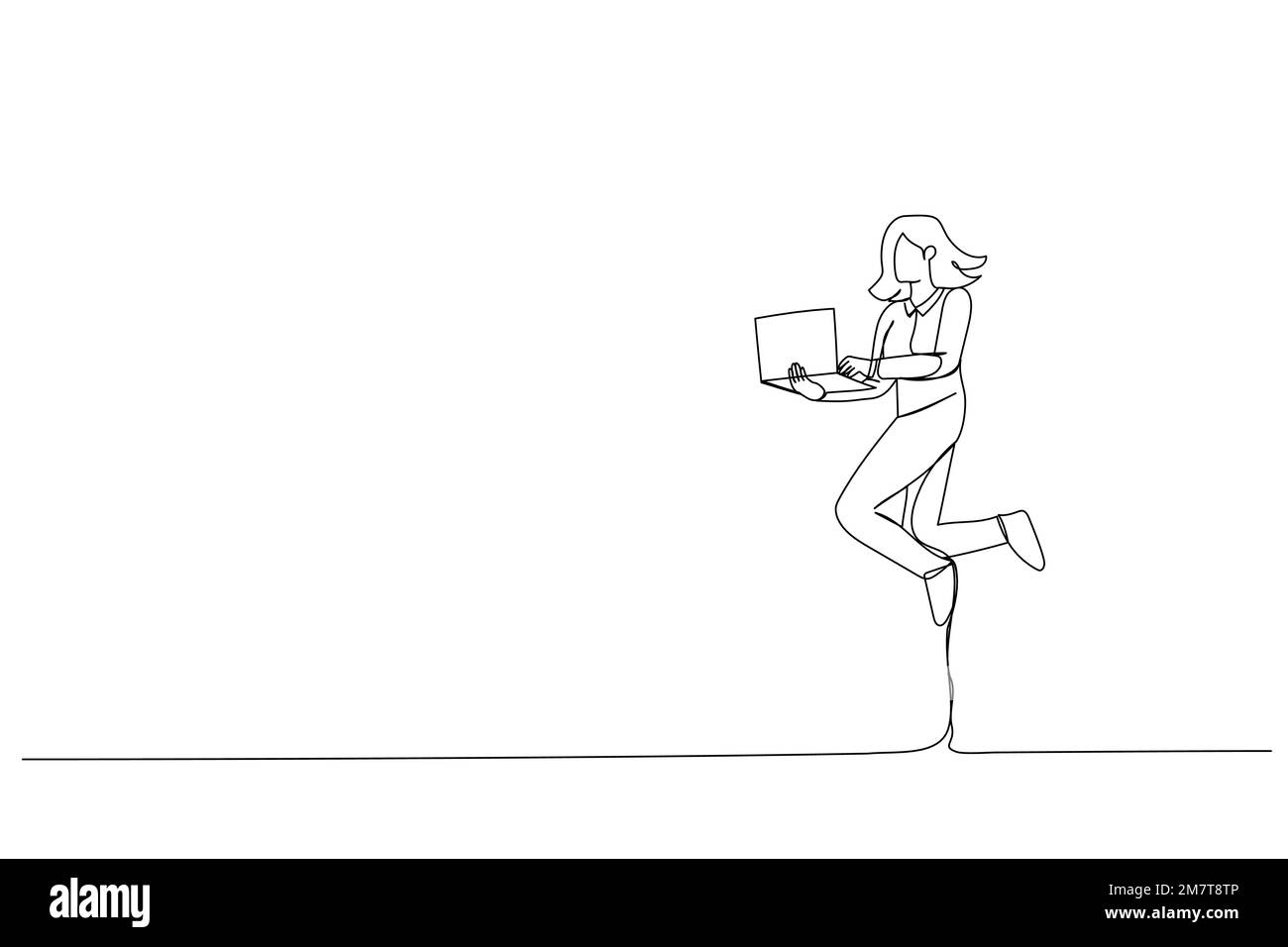 Illustrazione di divertente business lady salto in alto tenere mani notebook Continuous Line art Illustrazione Vettoriale