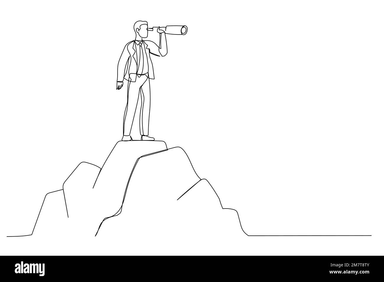 Cartone animato di uomo in piedi sulla cima della montagna, cercando di successo. Finanza aziendale, leadership, business Startup. Stile artistico a linea continua singola Illustrazione Vettoriale