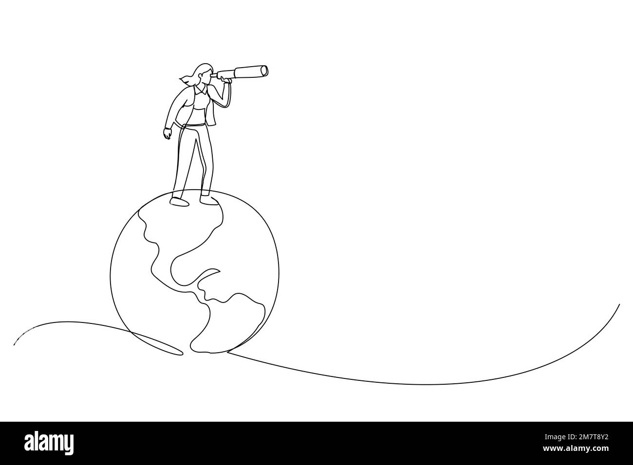 Illustrazione di una donna d'affari in piedi sul pianeta terra globo utilizzando il telescopio ricerca nuova opportunità. Globalizzazione, visione aziendale globale. Una riga a Illustrazione Vettoriale