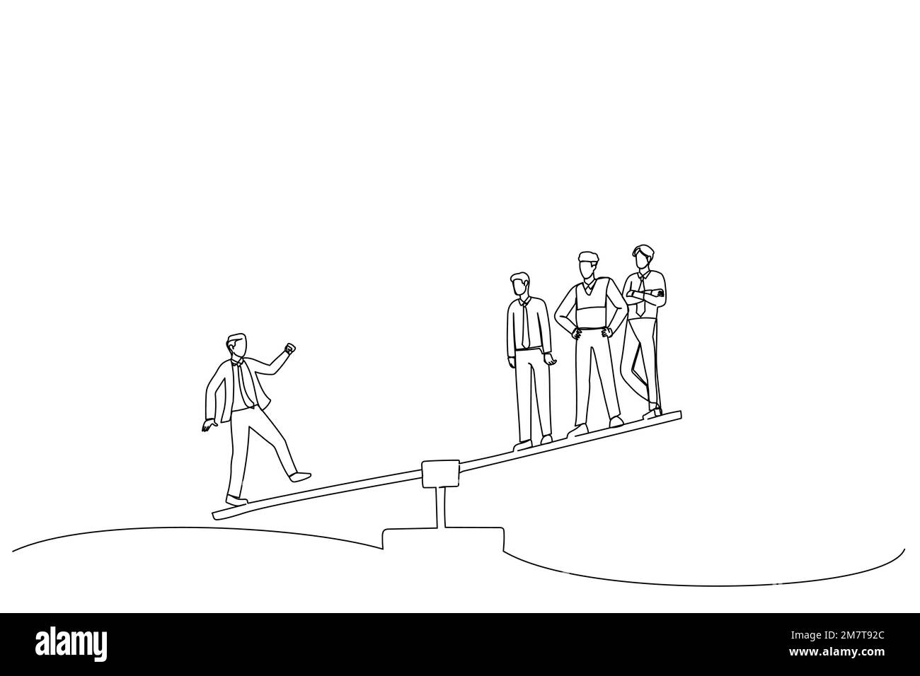 Il disegno dell'uomo d'affari da un lato della bilancia di pesatura è più pesante di molti dirigenti dall'altro lato. ART a linea continua singola Illustrazione Vettoriale