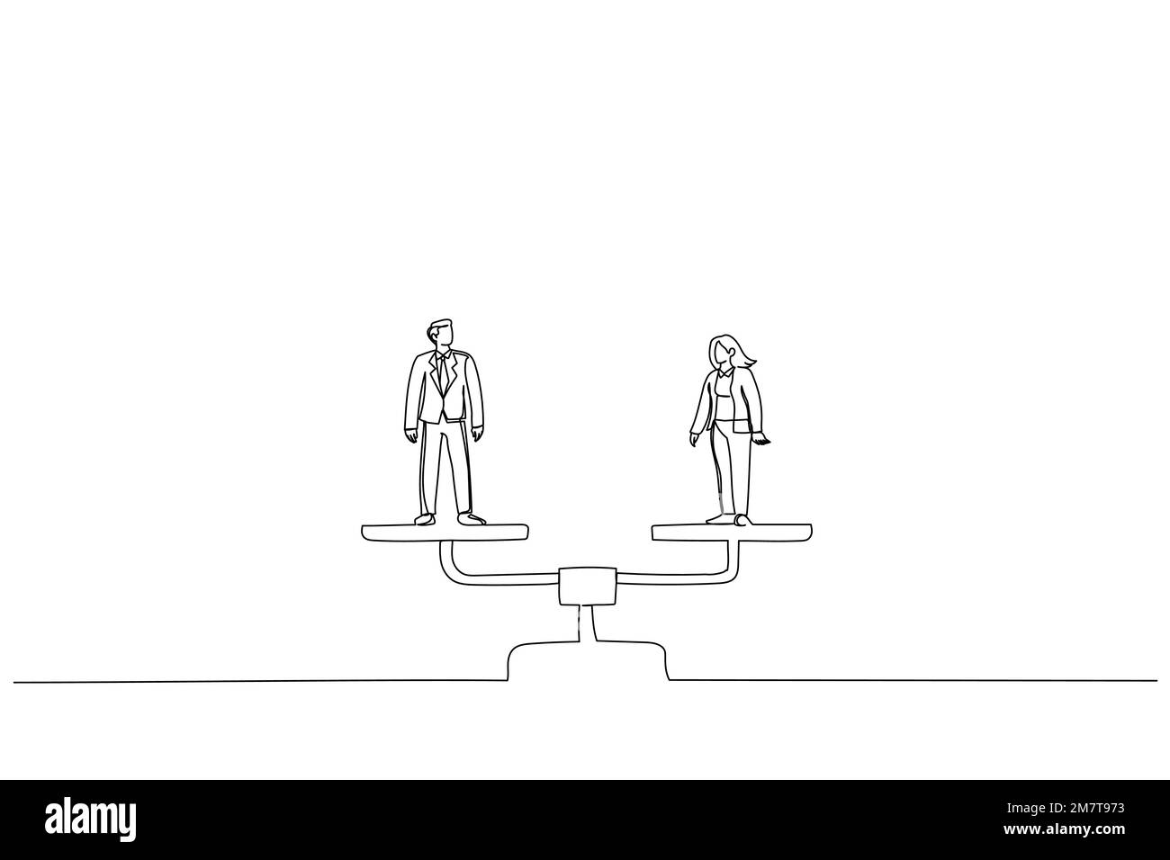 Disegno di uomini e donne d'affari in piedi su scale di equilibrio. Metafora della parità di genere. Stile artistico a linea singola Illustrazione Vettoriale