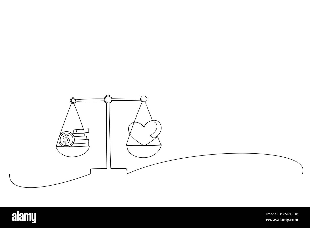 Disegno del cuore con cardiogramma e mucchio di soldi sulle scale. Metafora della vita scelta della salute o della carriera. Stile artistico a linea singola Illustrazione Vettoriale