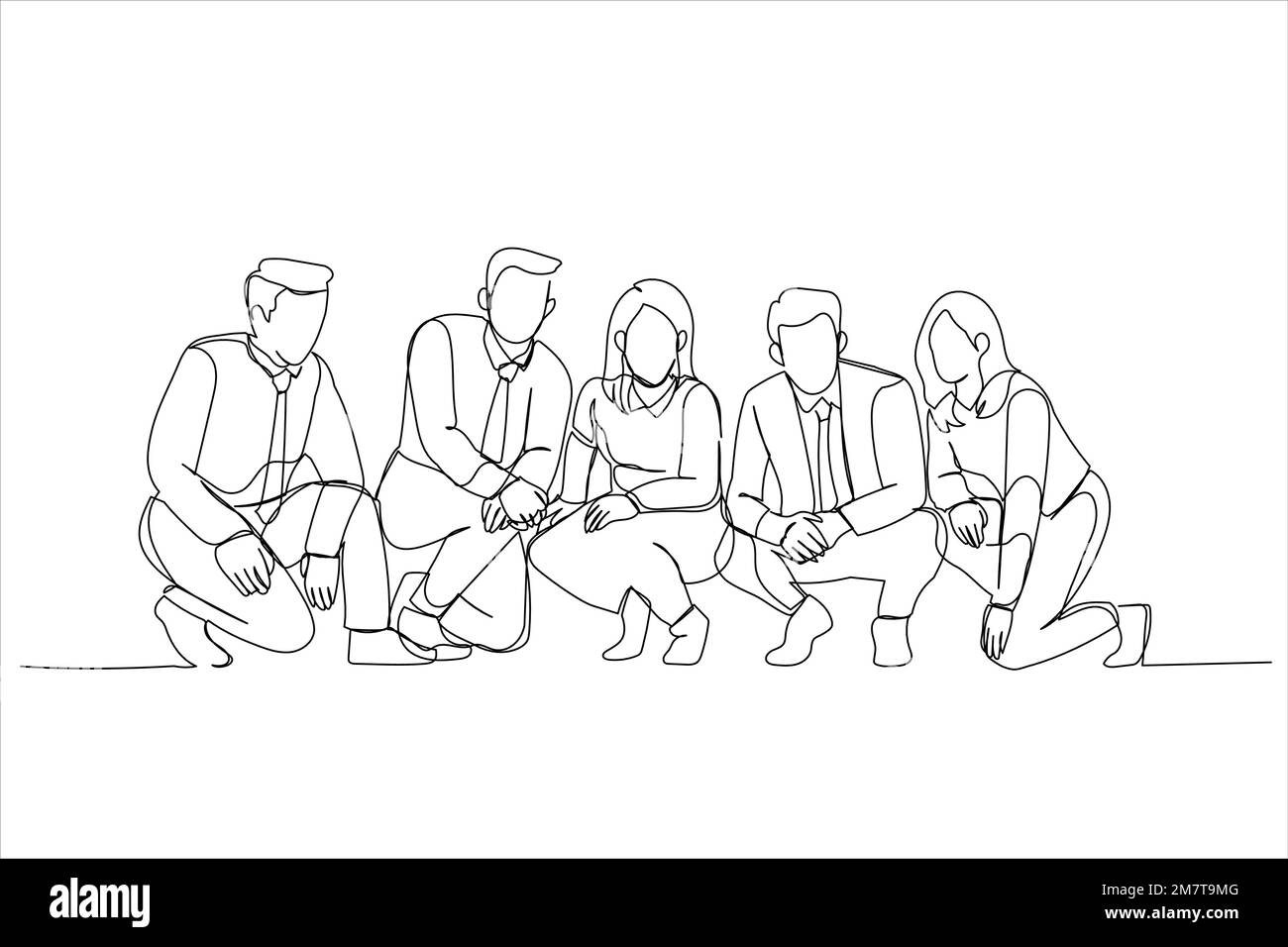 Cartoon del team aziendale squating dopo una sessione di brainstorming piena di idee. Stile artistico a linea continua singola Illustrazione Vettoriale