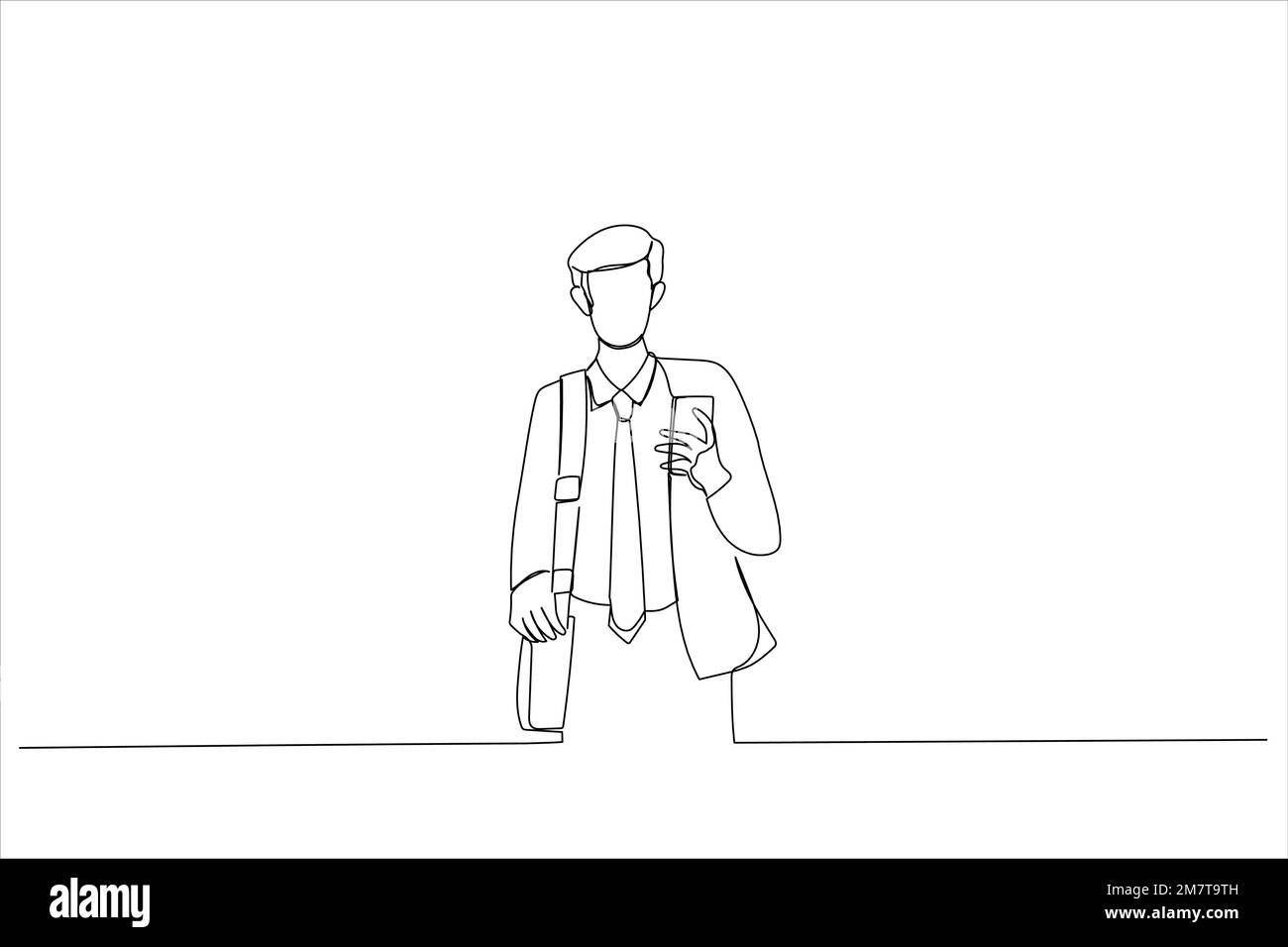 Cartone animato di un giovane uomo d'affari che guarda i messaggi sul cellulare mentre cammina per strada in centro. Stile artistico a linea continua Illustrazione Vettoriale