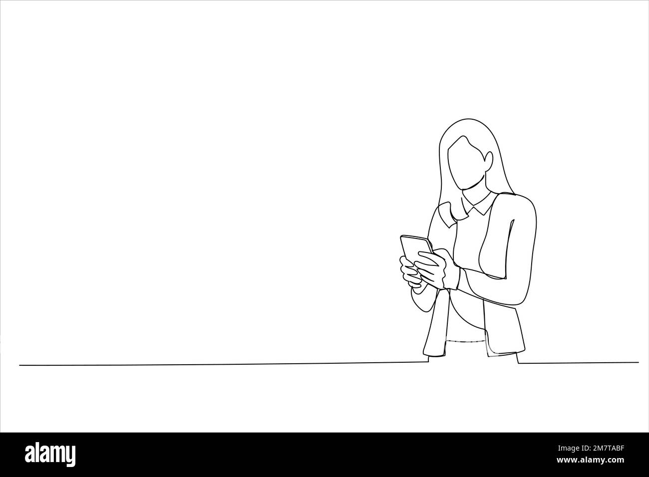Disegno della donna di affari usando il telefono delle cellule. Conversazione, digitazione di sms o presentazione. Stile artistico a linea singola Illustrazione Vettoriale