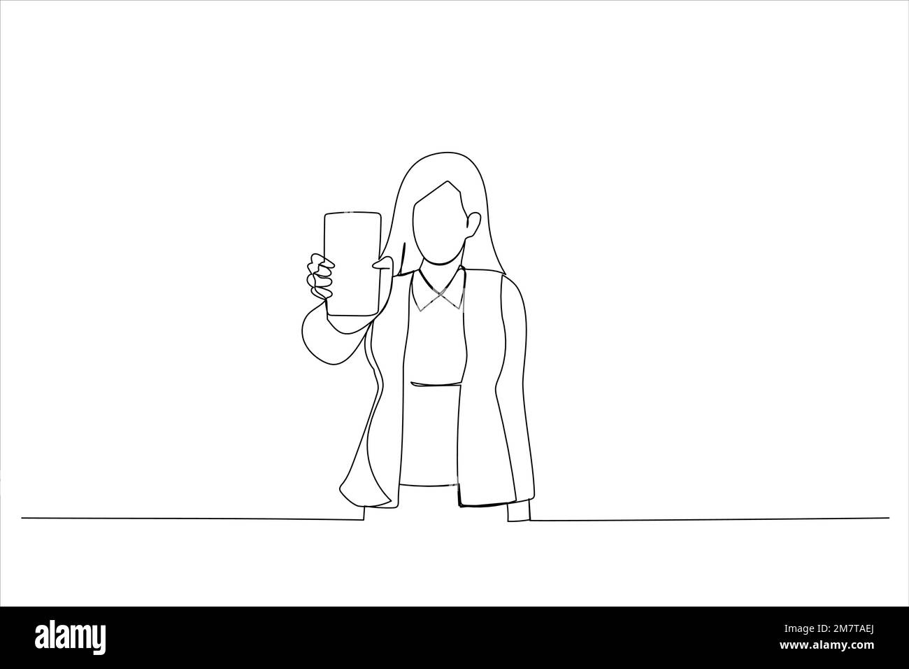 Immagine di una giovane donna che tiene in mano uno smartphone, che mostra il gadget alla fotocamera. Stile artistico a una linea Illustrazione Vettoriale