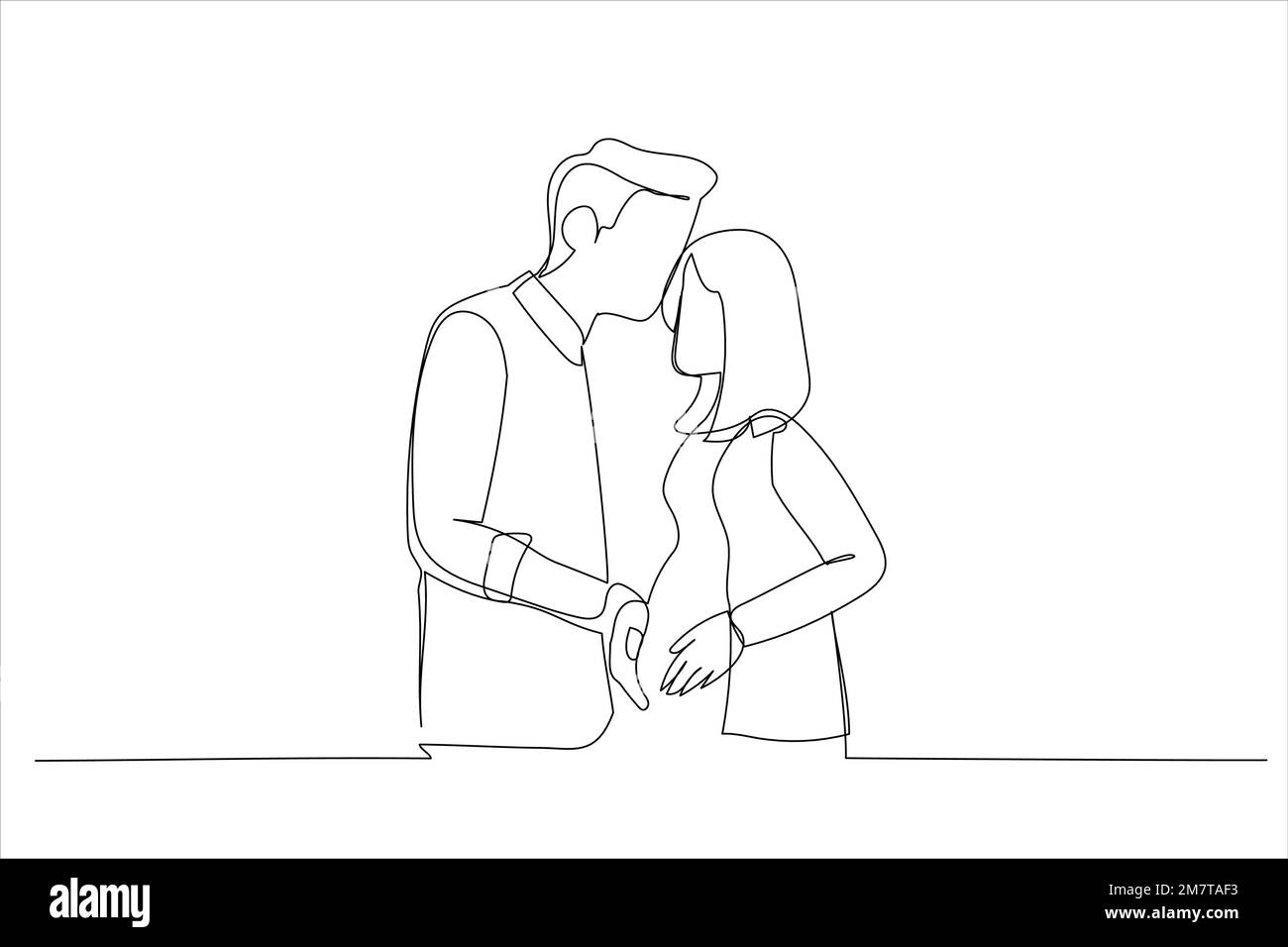 Disegno di coppia amorevole in attesa del bambino, giovane marito che tocca il ventre della moglie incinta. Stile artistico a linea singola Illustrazione Vettoriale