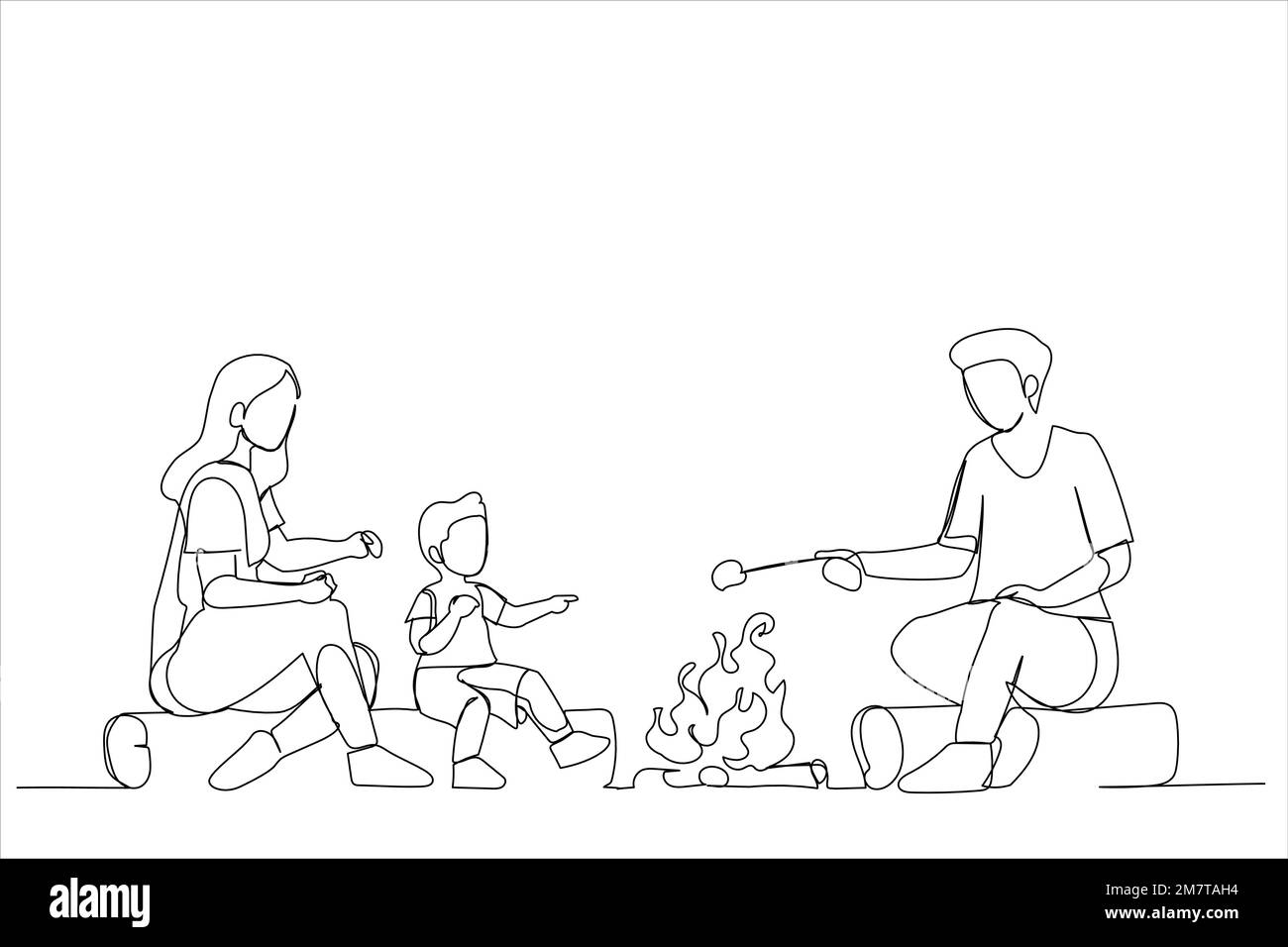 Illustrazione della famiglia seduta al fuoco insieme, canto, chitarra, marshmallows al fuoco. Un'arte di stile Illustrazione Vettoriale