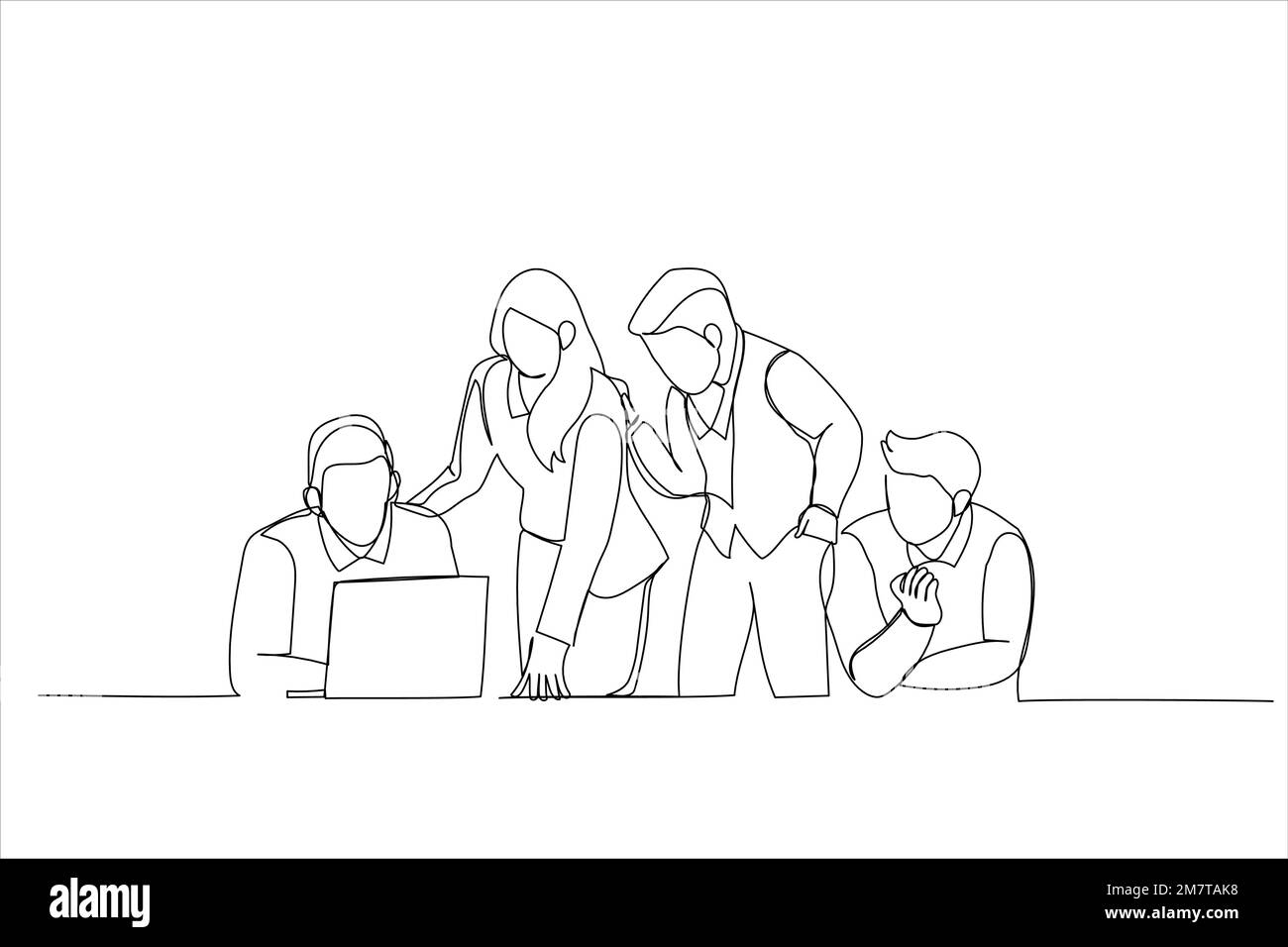 Illustrazione di persone in viaggio d'affari che lavorano insieme in ufficio. Stile artistico a una linea Illustrazione Vettoriale