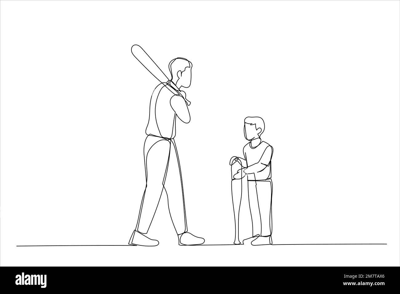 Cartone animato di padre che insegna a suo figlio come giocare a baseball. Stile artistico a linea continua singola Illustrazione Vettoriale