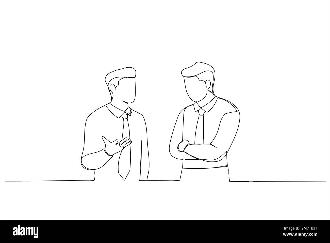 Illustrazione del coach maschile che spiega le informazioni ai giovani dipendenti e gestura durante la comunicazione. Un'arte di stile Illustrazione Vettoriale