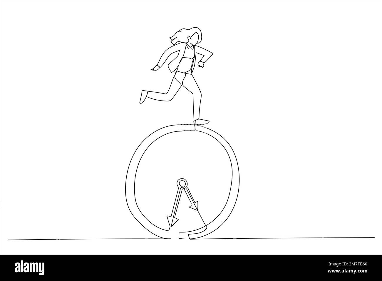 Cartone animato di una donna d'affari che corre su orologio. Concetto di scadenza. Stile artistico a linea continua singola Illustrazione Vettoriale