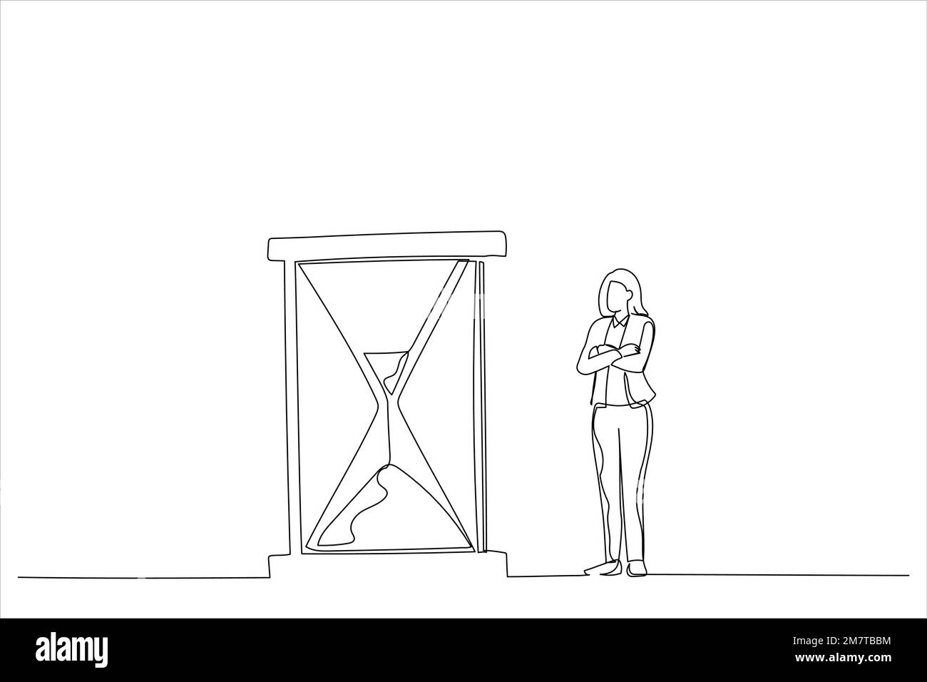 Cartone animato di donna d'affari in piedi e guardando la clessidra mentre il tempo passa. Concetto di pazienza. Linea continua ART Illustrazione Vettoriale