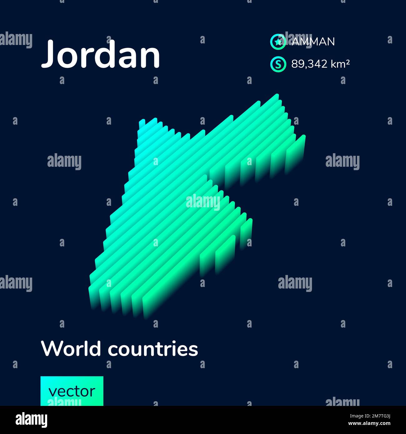 Mappa vettoriale isometrica stilizzata 3D della Giordania in colori turchese menta su sfondo blu scuro. Poster dello studio geografico, elemento infografico. Illustrazione Vettoriale