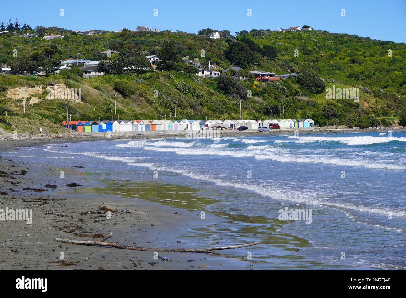 Titahi Bay Beach della Nuova Zelanda, con i suoi colorati capannoni in lontananza Foto Stock