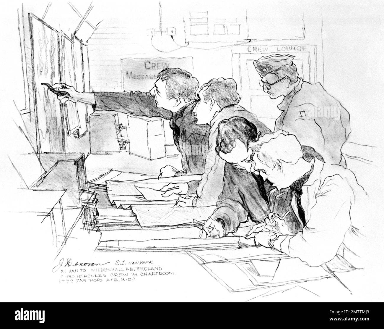 Illustrazione: 'Air Crew in the Chart Room' artista: Jeremiah Donovan. Paese: Sconosciuto Foto Stock