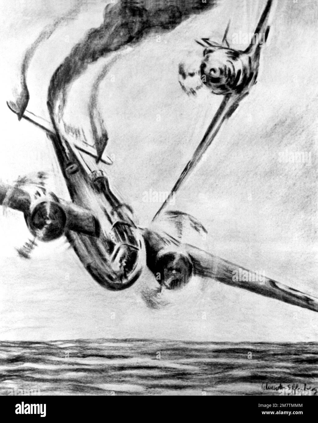 Illustrazione: 'ME-109 attaccare un bombardiere britannico' artista: Schmidt-Effenberger. Paese: Sconosciuto Foto Stock
