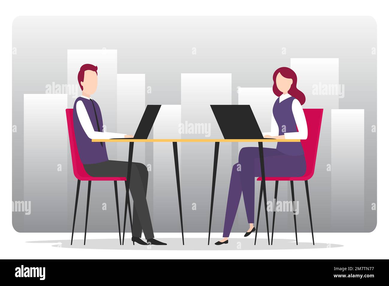 Uomo e donna seduti al tavolo e al lavoro sui computer portatili. Illustrazione vettoriale. Illustrazione Vettoriale