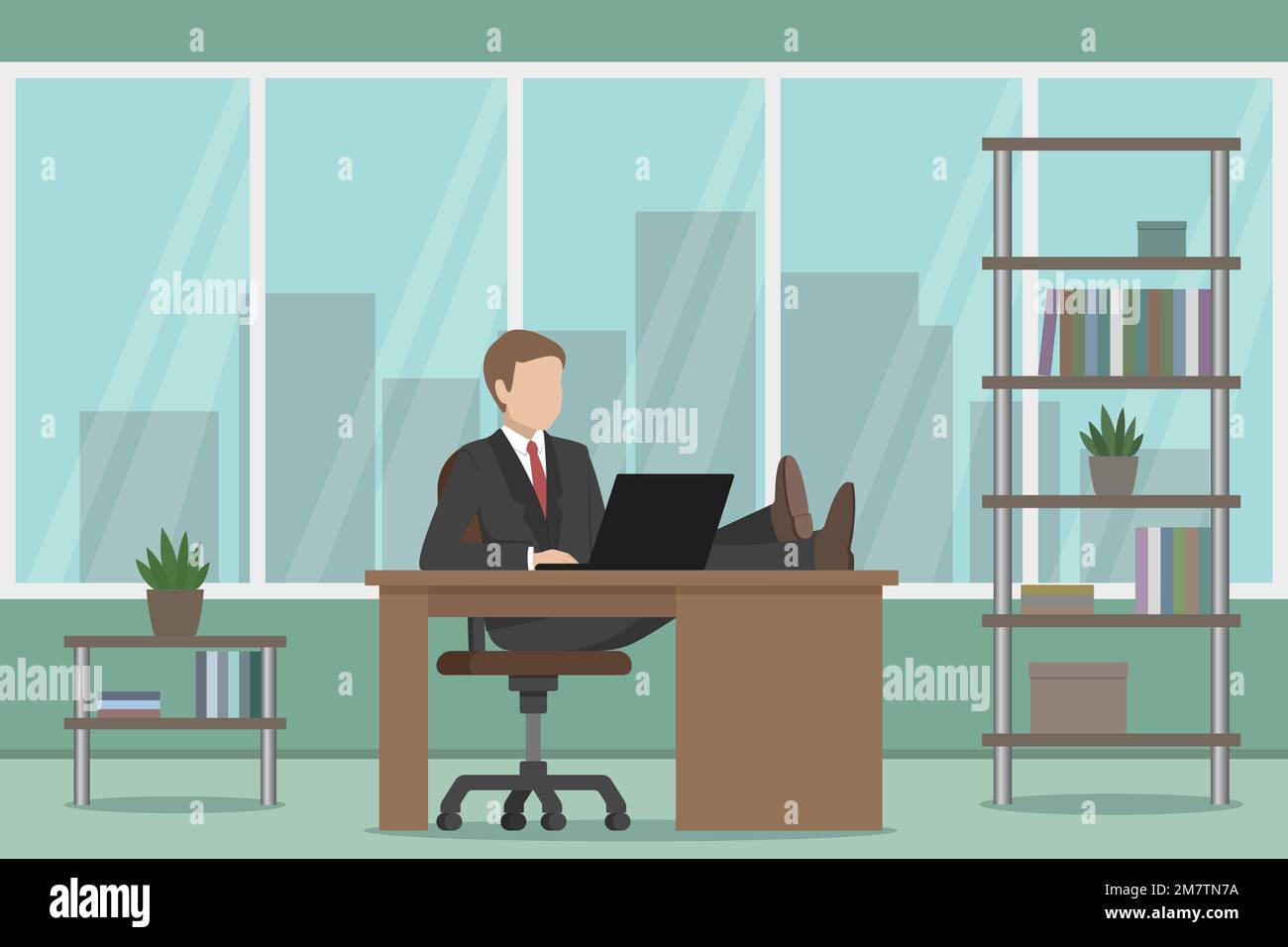 Capo rilassante nel suo ufficio. Piedi sul tavolo. Illustrazione vettoriale. Illustrazione Vettoriale