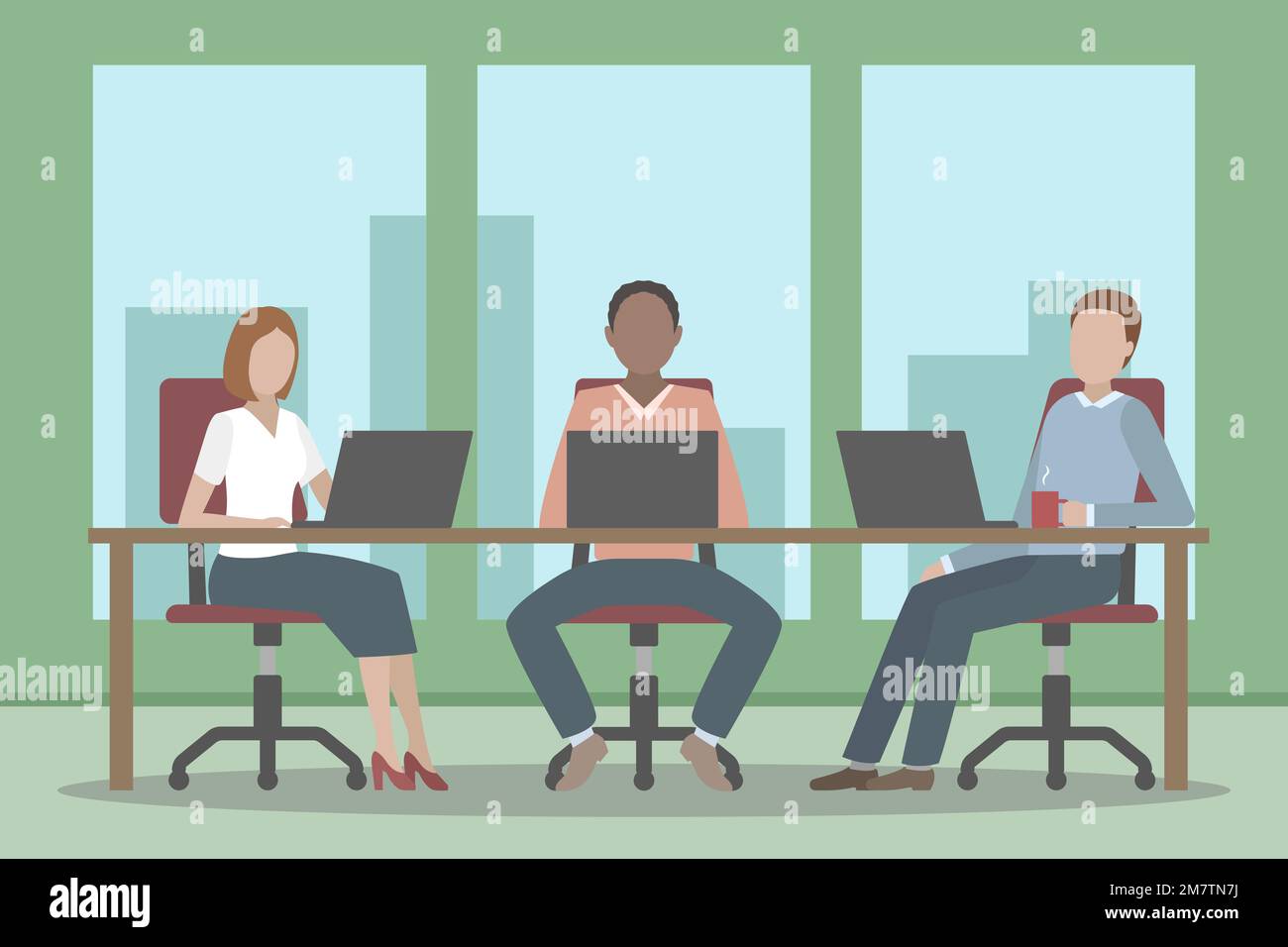 Persone in ufficio che lavorano sui notebook. Illustrazione vettoriale. Illustrazione Vettoriale