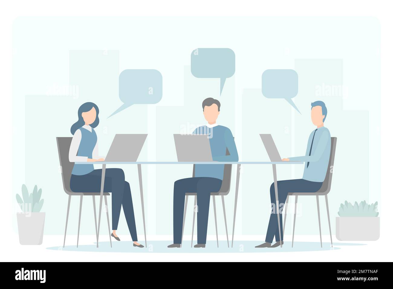 Colleghi che lavorano sui notebook e discutono. Lavoro di squadra. Illustrazione vettoriale. Illustrazione Vettoriale