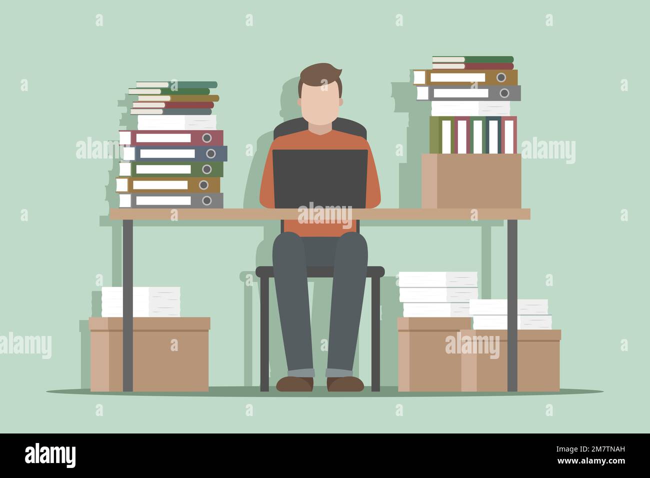 Molto lavoro di ufficio. Bookkeeper che lavora su un computer portatile. Illustrazione vettoriale. Illustrazione Vettoriale