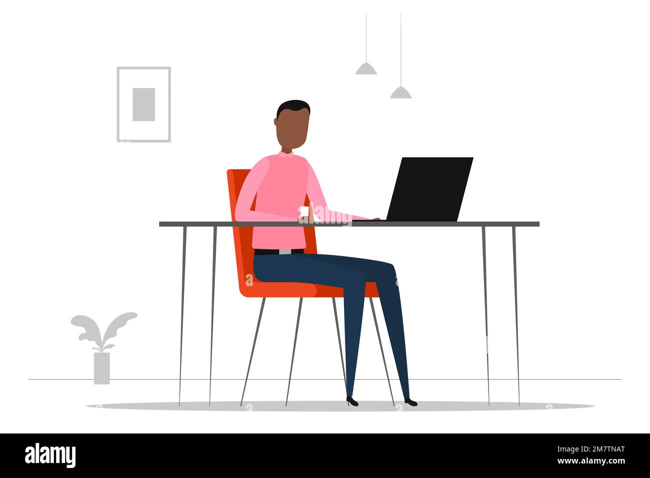 Uomo africano che lavora su un computer portatile in ufficio. Illustrazione vettoriale. Illustrazione Vettoriale