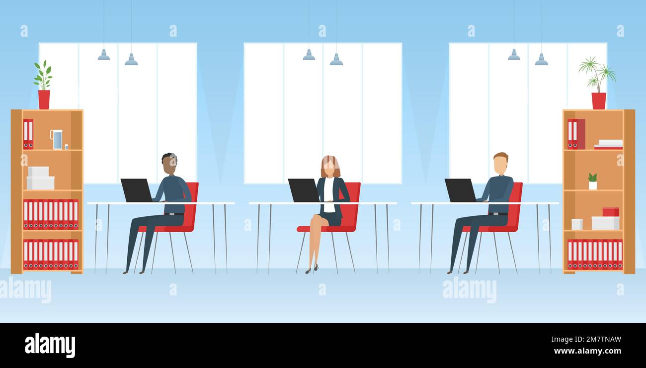 Dipendenti che lavorano su computer portatili in ufficio. Illustrazione vettoriale. Illustrazione Vettoriale