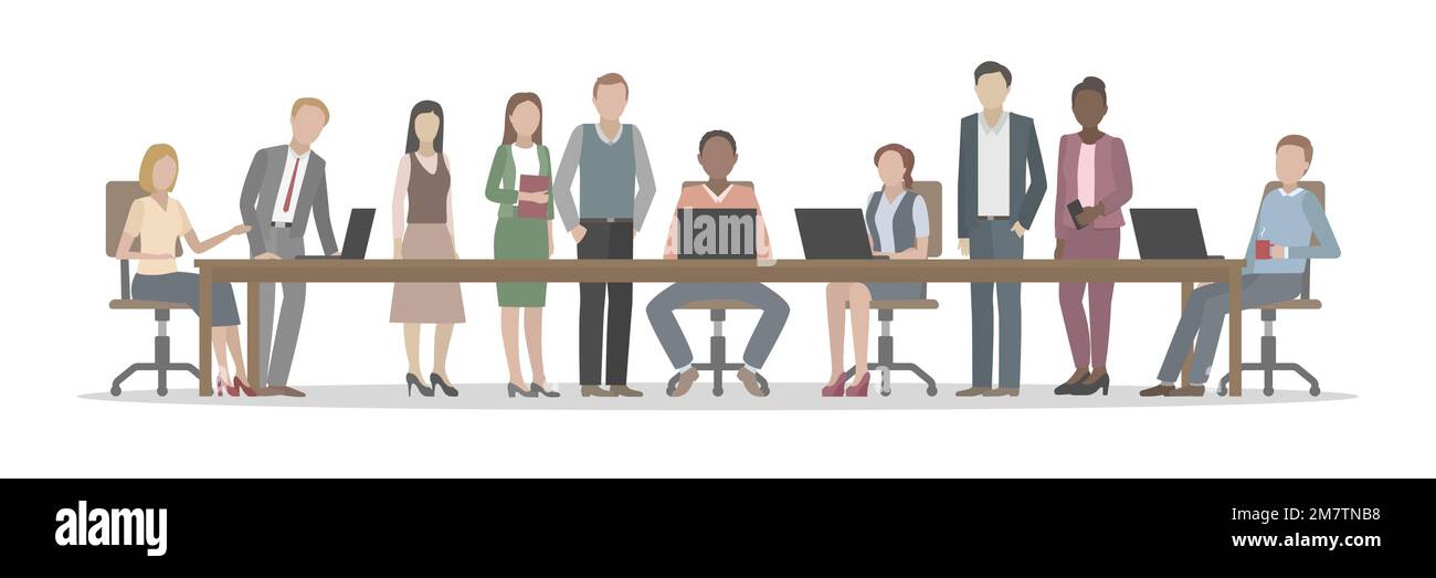 Il team è seduto al tavolo grande e lavora sui computer portatili. Illustrazione vettoriale. Illustrazione Vettoriale