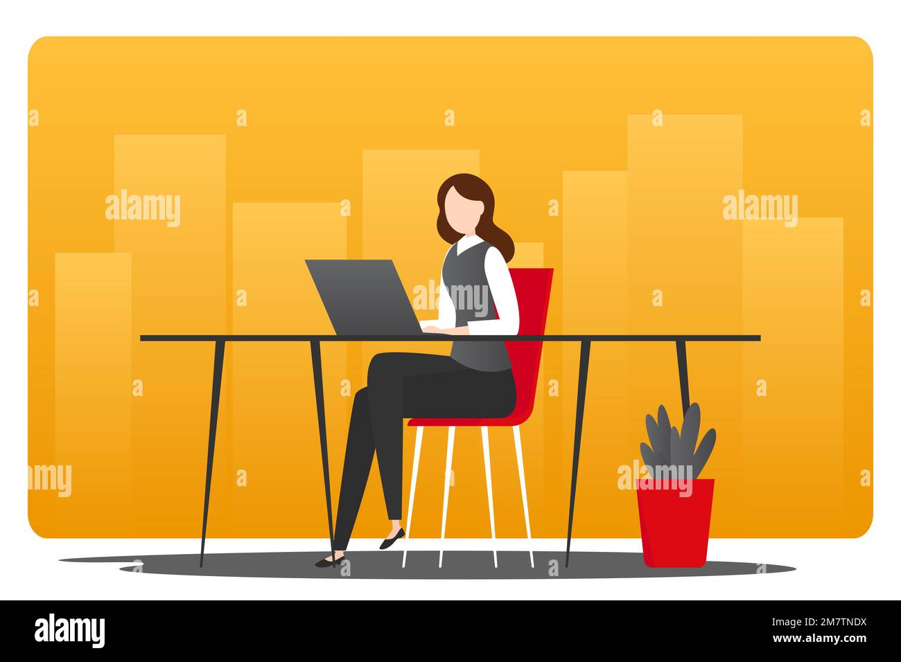 Donna seduta al tavolo e al lavoro su un computer portatile. Illustrazione vettoriale. Illustrazione Vettoriale