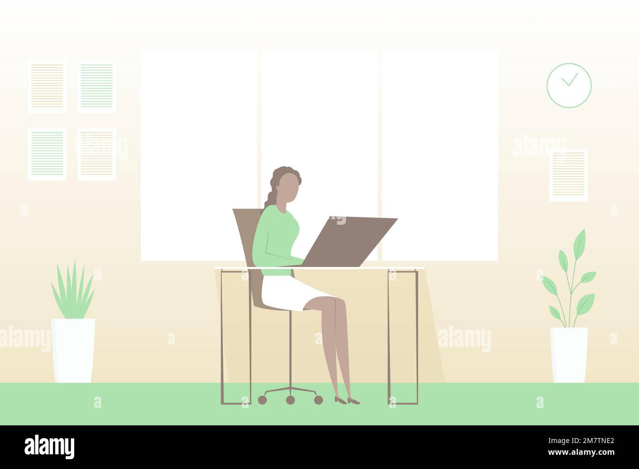 Donna africana che lavora su un notebook in ufficio. Illustrazione vettoriale. Illustrazione Vettoriale