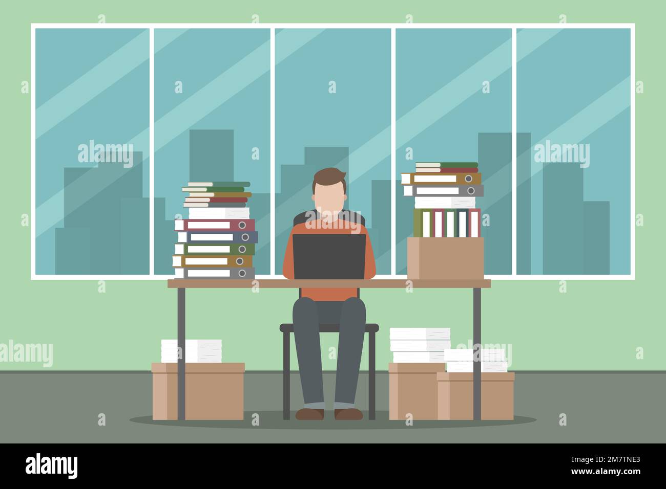 Molto lavoro d'ufficio. Impiegato che lavora su un computer portatile. Illustrazione vettoriale. Illustrazione Vettoriale